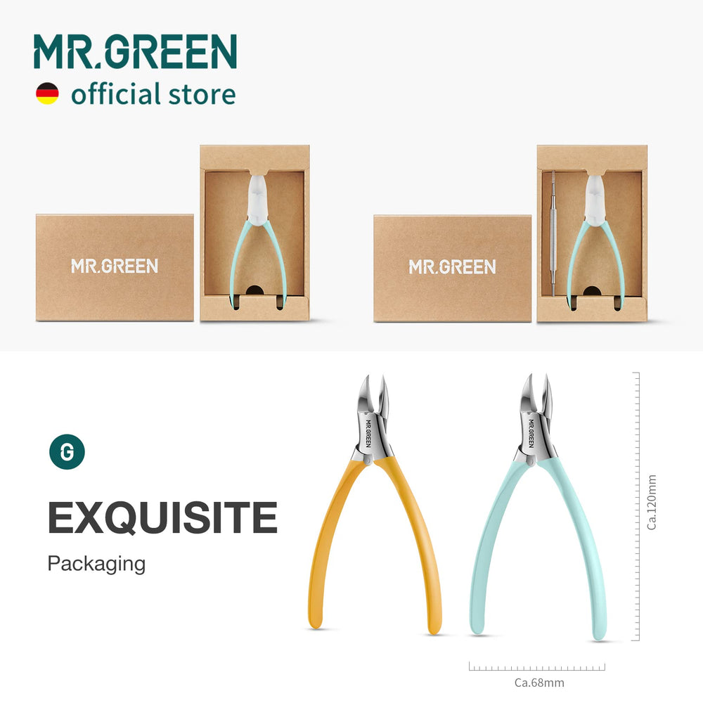 MR.GREEN orange-handle clippers provide ergonomic control during pedicures.