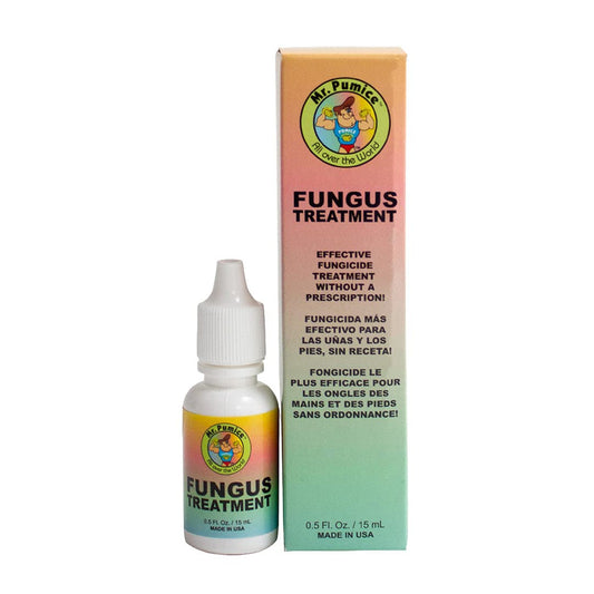 Mr. Pumice Fungus Treatment bottle with pour; fast-absorbing care for feet.