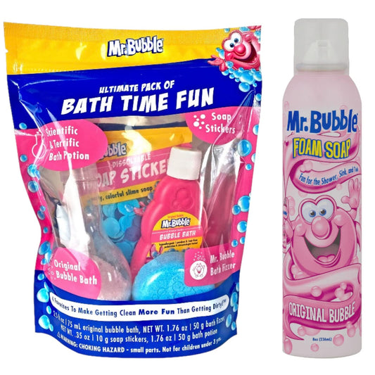 Mr. Bubble Kids Bath Time Fun Pack with shapeable bath foam for imaginative tub play