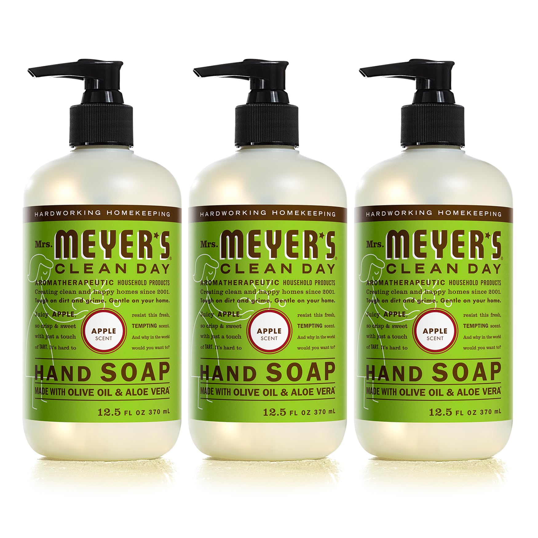 Mrs. Meyer's Apple hand soap bottle with garden-fresh scent and soothing olive oil.