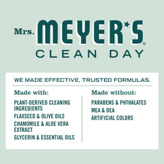 Closeup of label on Mrs. Meyer's Birch Wood Body Wash highlighting natural ingredients
