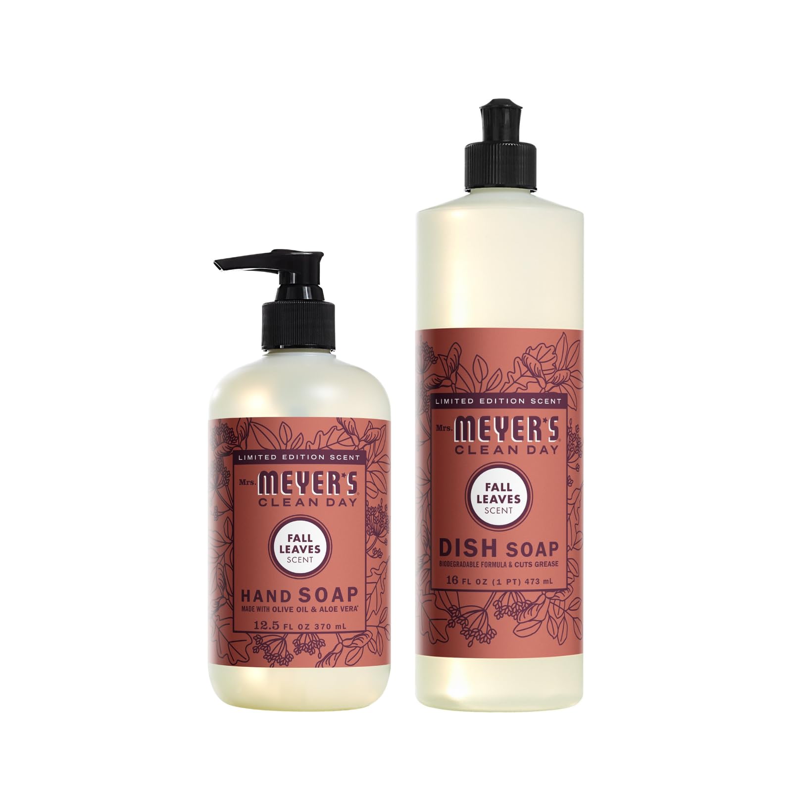 Mrs. Meyer's Clean Day dish soap bottle showing grease-cutting power for sparkling dishes.