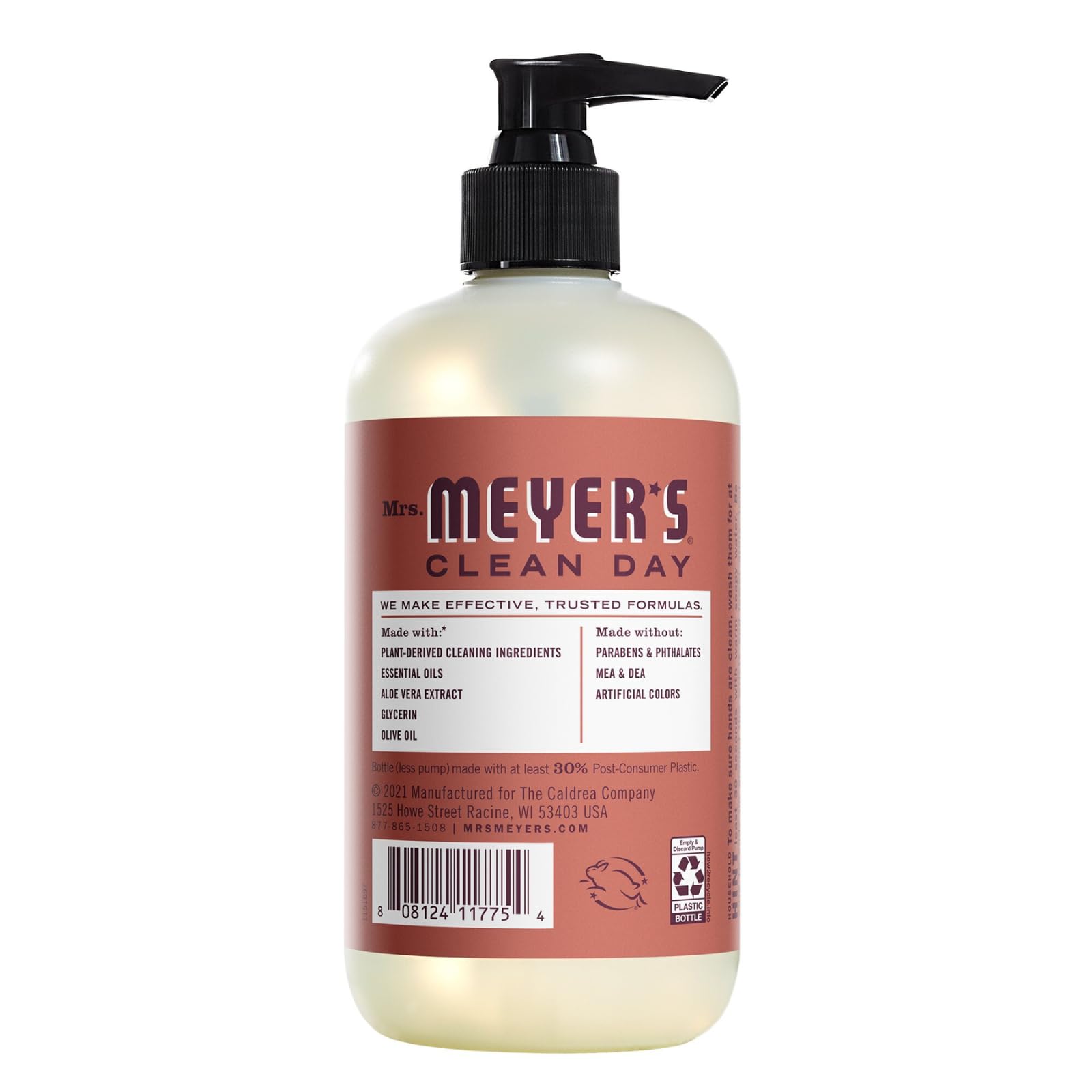 Mrs. Meyer's Clean Day hand soap bottle highlighting nourishing formula with aloe and essential oils.