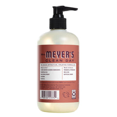 Mrs. Meyer's Clean Day hand soap bottle highlighting nourishing formula with aloe and essential oils.
