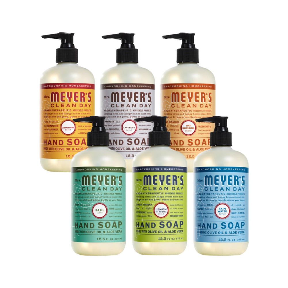 Mrs. Meyer's Clean Day Clementine hand soap bottle with bright citrus aroma for refreshed hands.