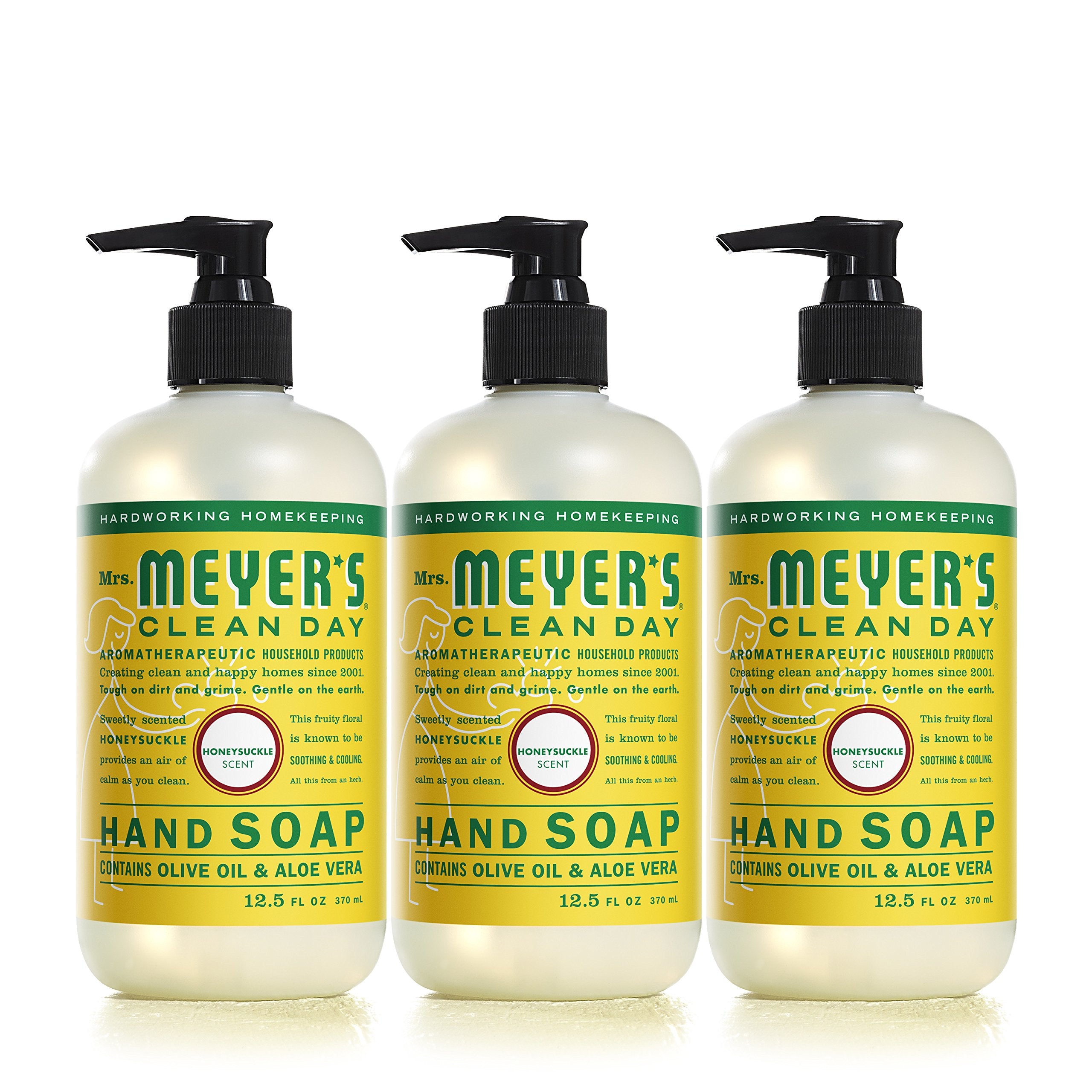 Mrs. Meyer's Clean Day Honeysuckle bottle shows fragrant hand cleansing.