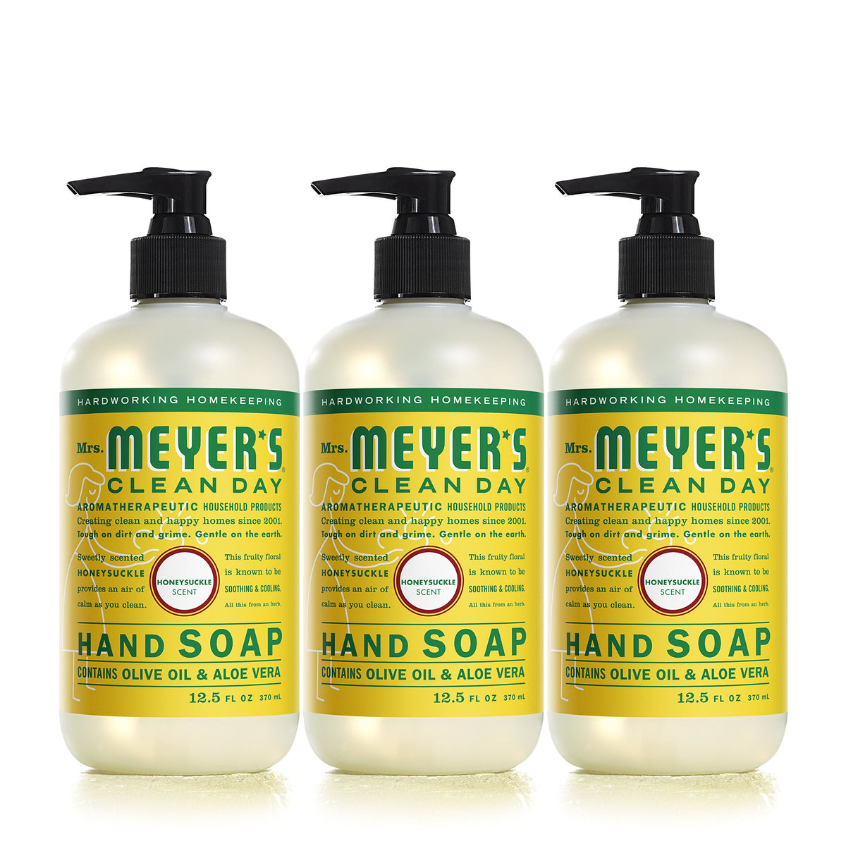 Mrs. Meyer's Clean Day Honeysuckle bottle shows fragrant hand cleansing.