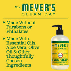This label highlights aloe and olive oil in Mrs. Meyer's gentle formula.