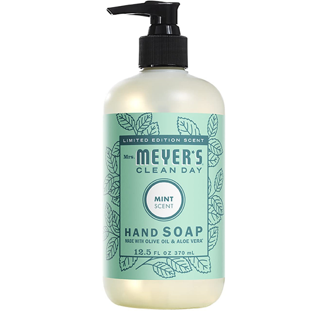 Mrs. Meyer's Clean Day hand soap label featuring essential oils and aloe for gentle cleansing
