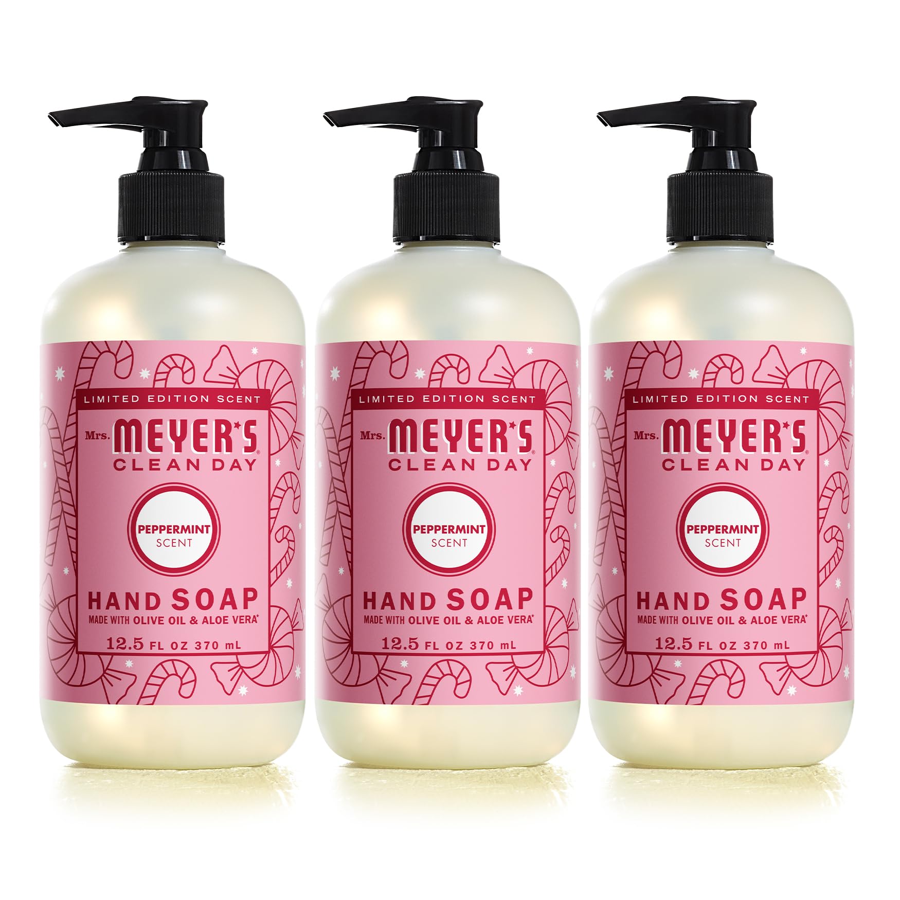 Mrs Meyer's Clean Day peppermint hand soap bottle shows refreshing scent for daily use