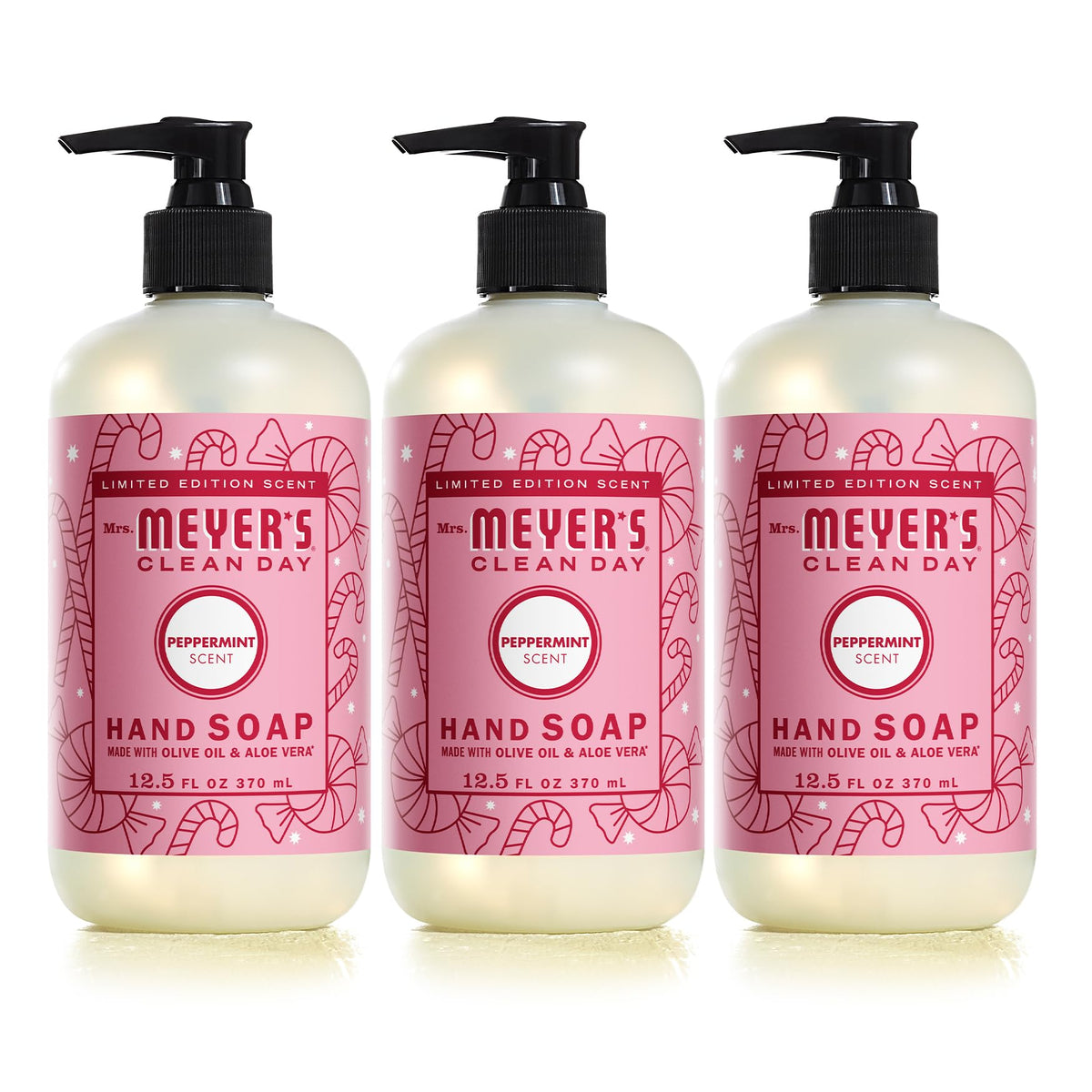 Mrs Meyer's Clean Day peppermint hand soap bottle shows refreshing scent for daily use