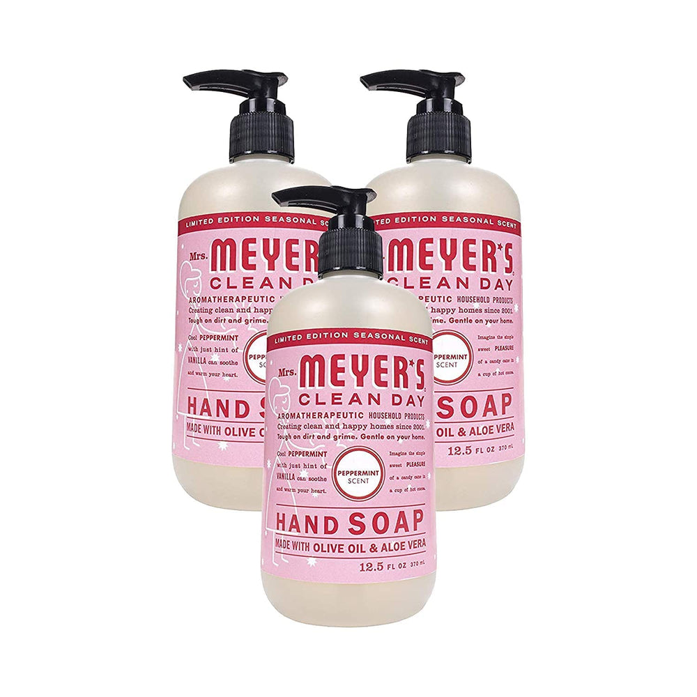 Mrs. Meyer's Clean Day Peppermint soap bottle shows refreshing scent for busy hands.