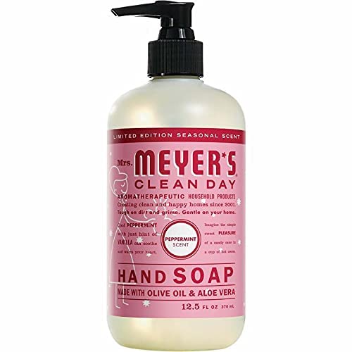 Mrs. Meyer's Clean Day Peppermint soap pump enables easy lather for daily hand cleansing.