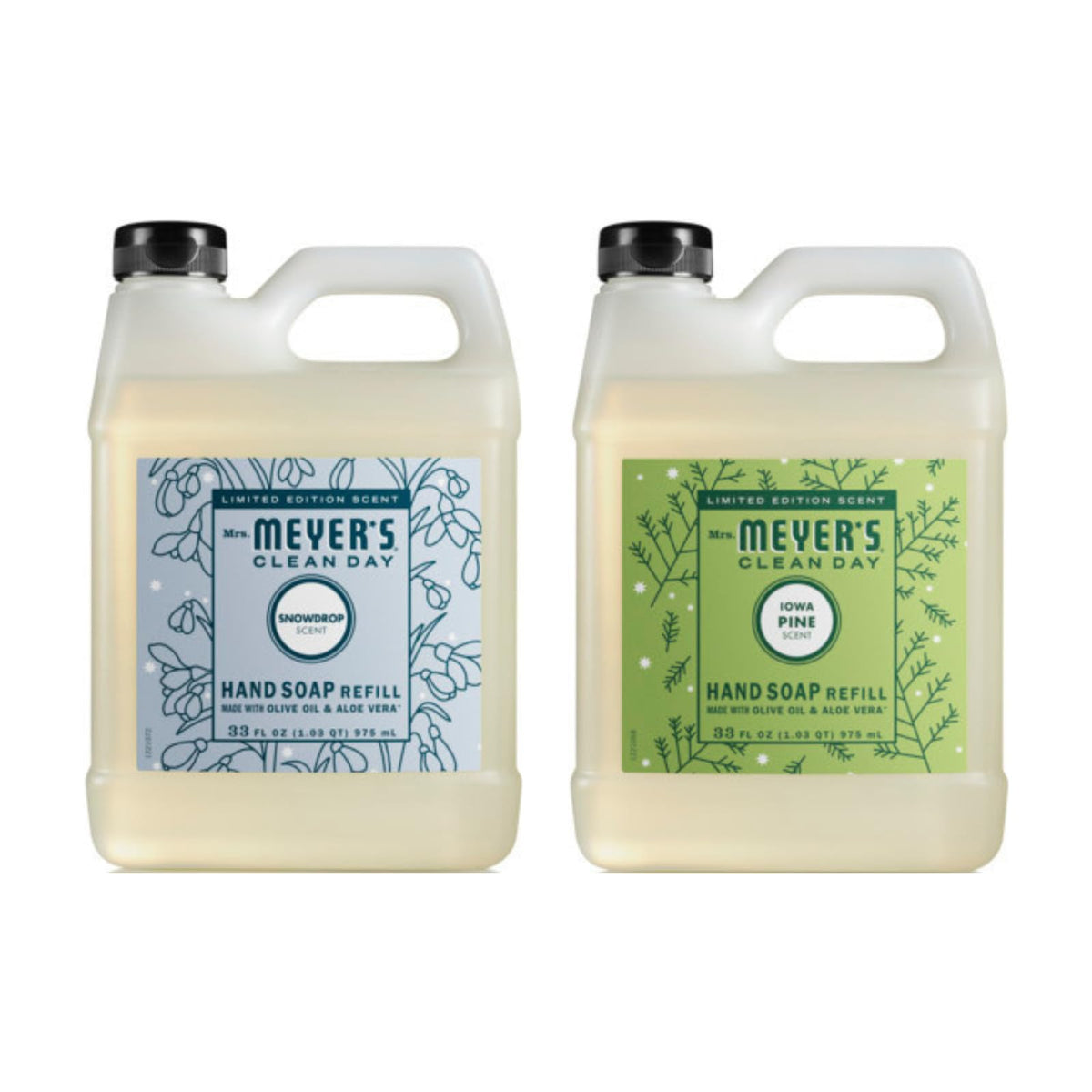 Mrs. Meyer's Clean Day hand soap refills 33oz Iowa Pine bottle for fresh hands.