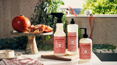 Bathroom counter scene with peppermint hand soap for guest use