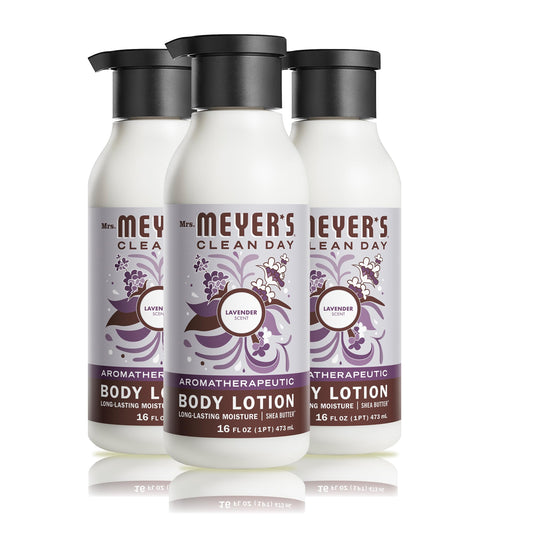Mrs. Meyer's Clean Day lavender lotion bottle emphasizes long-lasting moisture for dry skin.