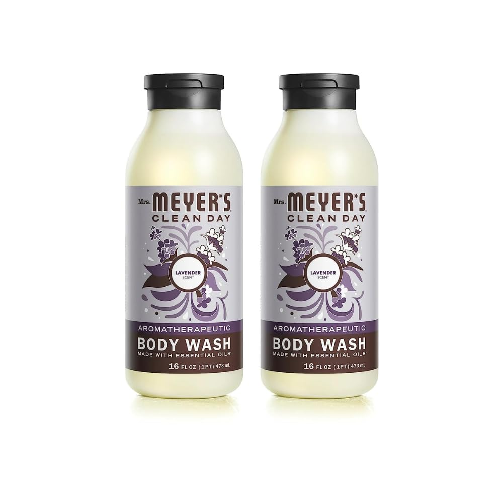 Mrs. Meyer's Clean Day Lavender body wash bottle on shelf for a refreshing cleanse