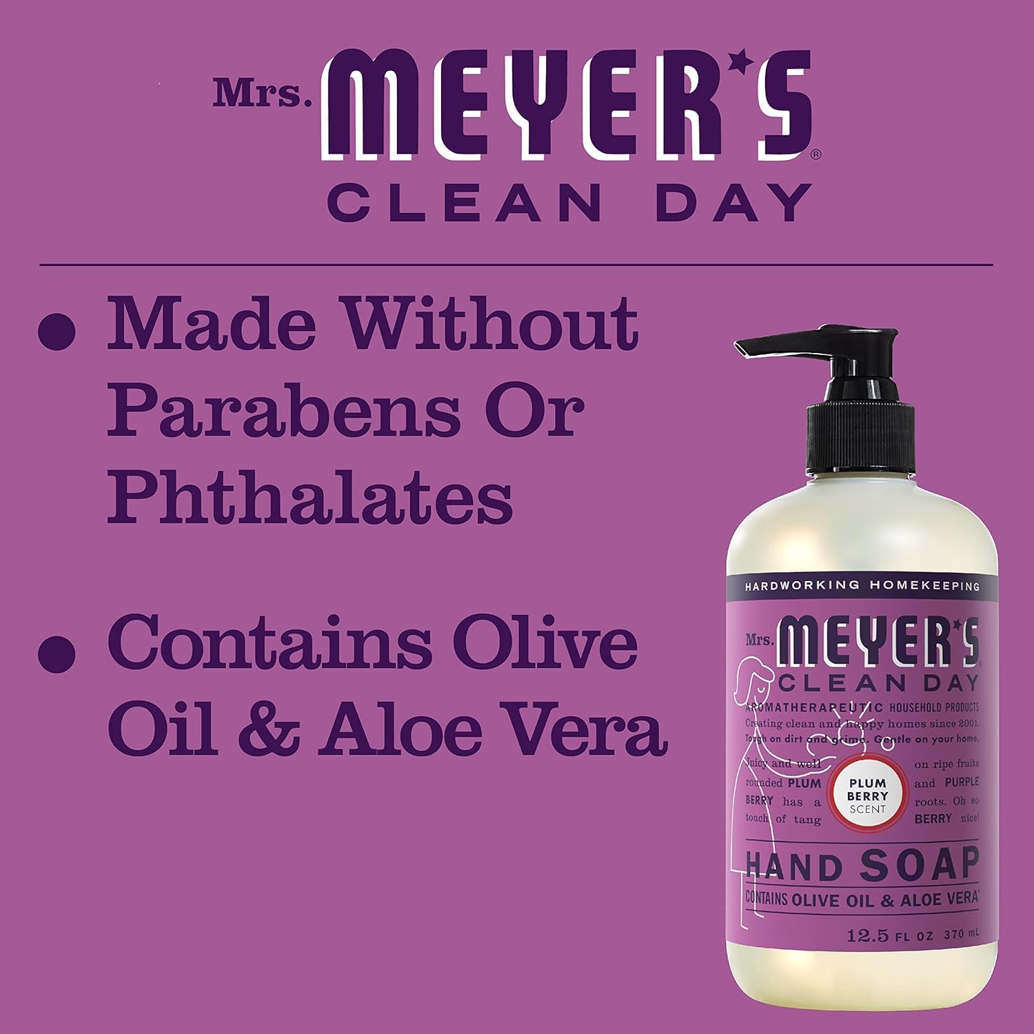 Kitchen counter setup with Mrs. Meyer's Plum Berry hand soap bottle