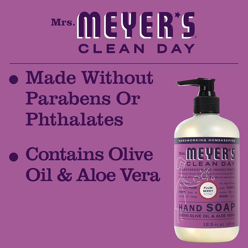 Kitchen counter setup with Mrs. Meyer's Plum Berry hand soap bottle