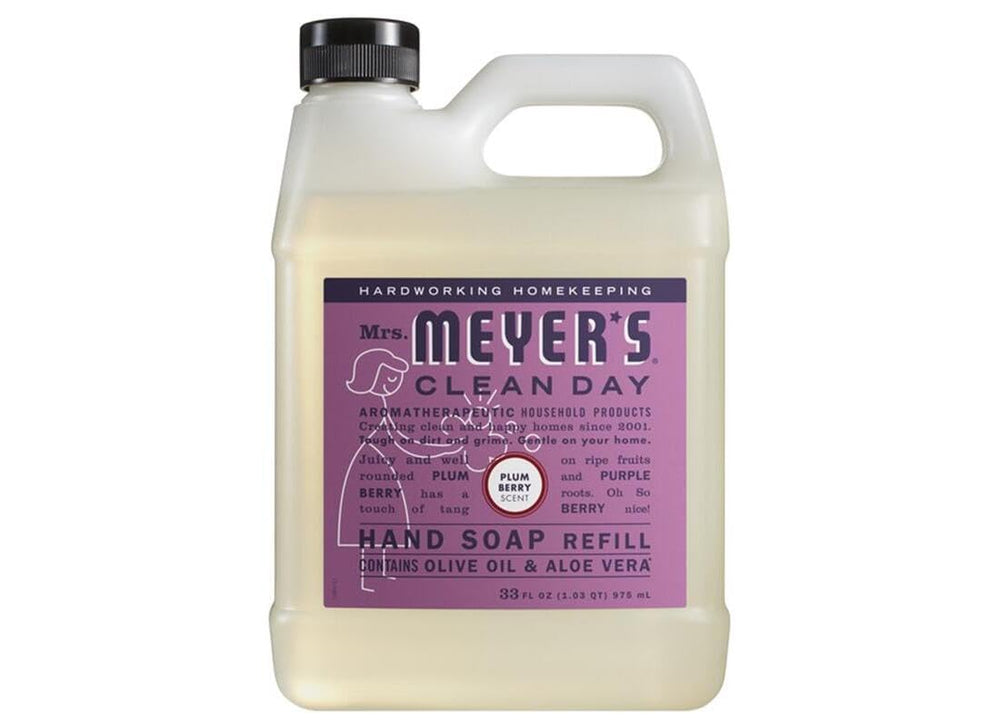 Mrs. Meyer's Clean Day Plum Berry refill bottle label close-up, inviting plum-berry scent