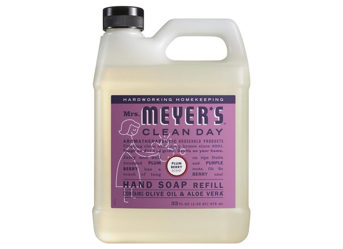 Mrs. Meyer's Clean Day Plum Berry refill bottle label close-up, inviting plum-berry scent