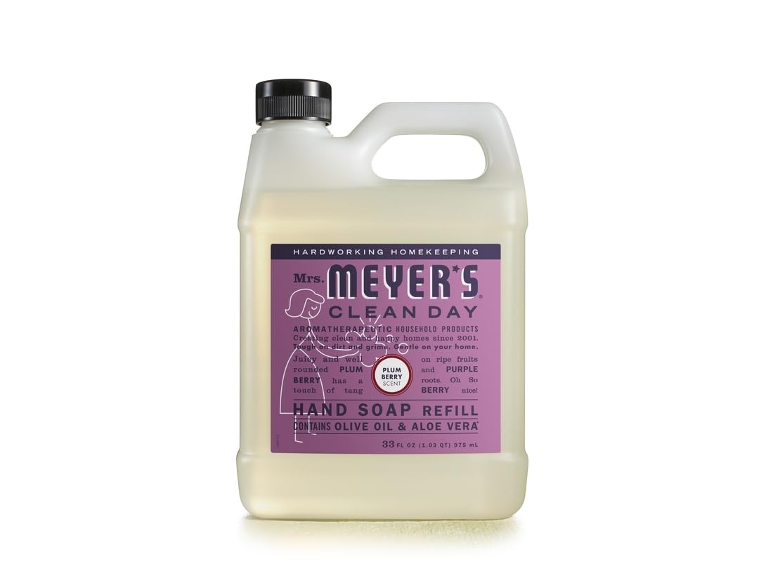Mrs. Meyer's Plum Berry refill close-up shows liquid and packaging for replenishment
