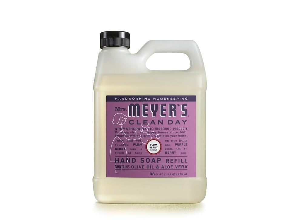 Mrs. Meyer's Plum Berry refill close-up shows liquid and packaging for replenishment