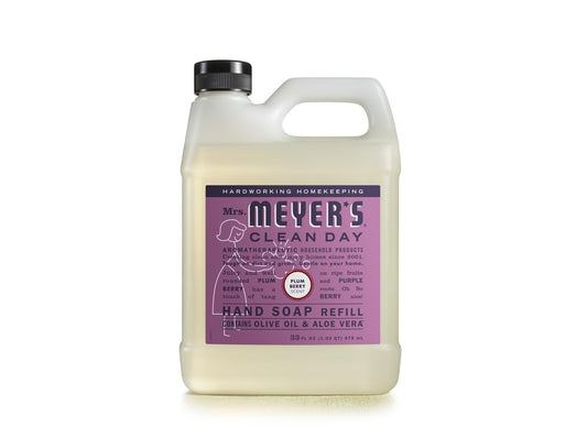 Mrs. Meyer's Plum Berry refill close-up shows liquid and packaging for replenishment