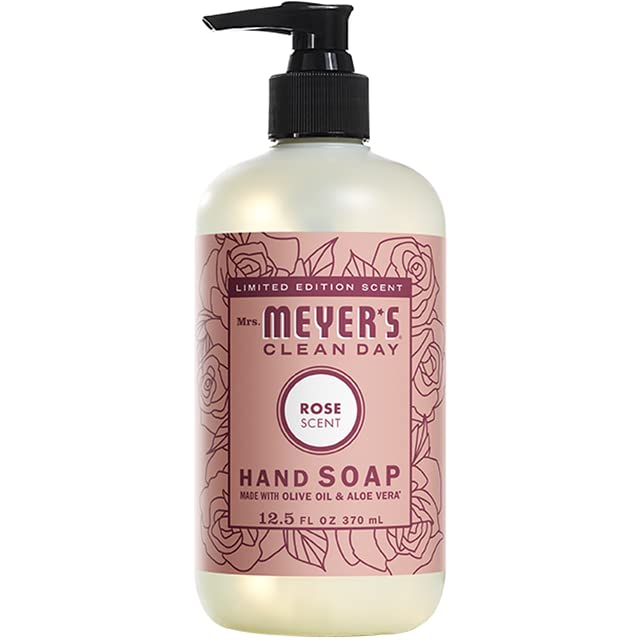 Mrs. Meyer's Rose Dish Soap being poured to cut grease
