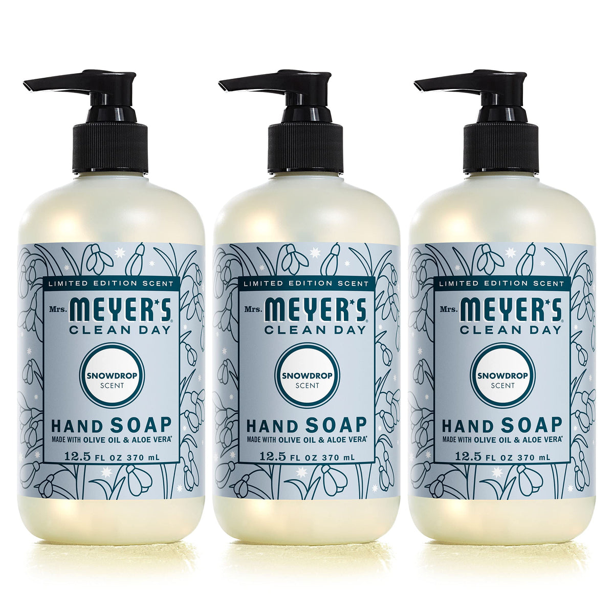 Mrs. Meyer's Clean Day Snowdrop hand soap bottle front with seasonal fragrance
