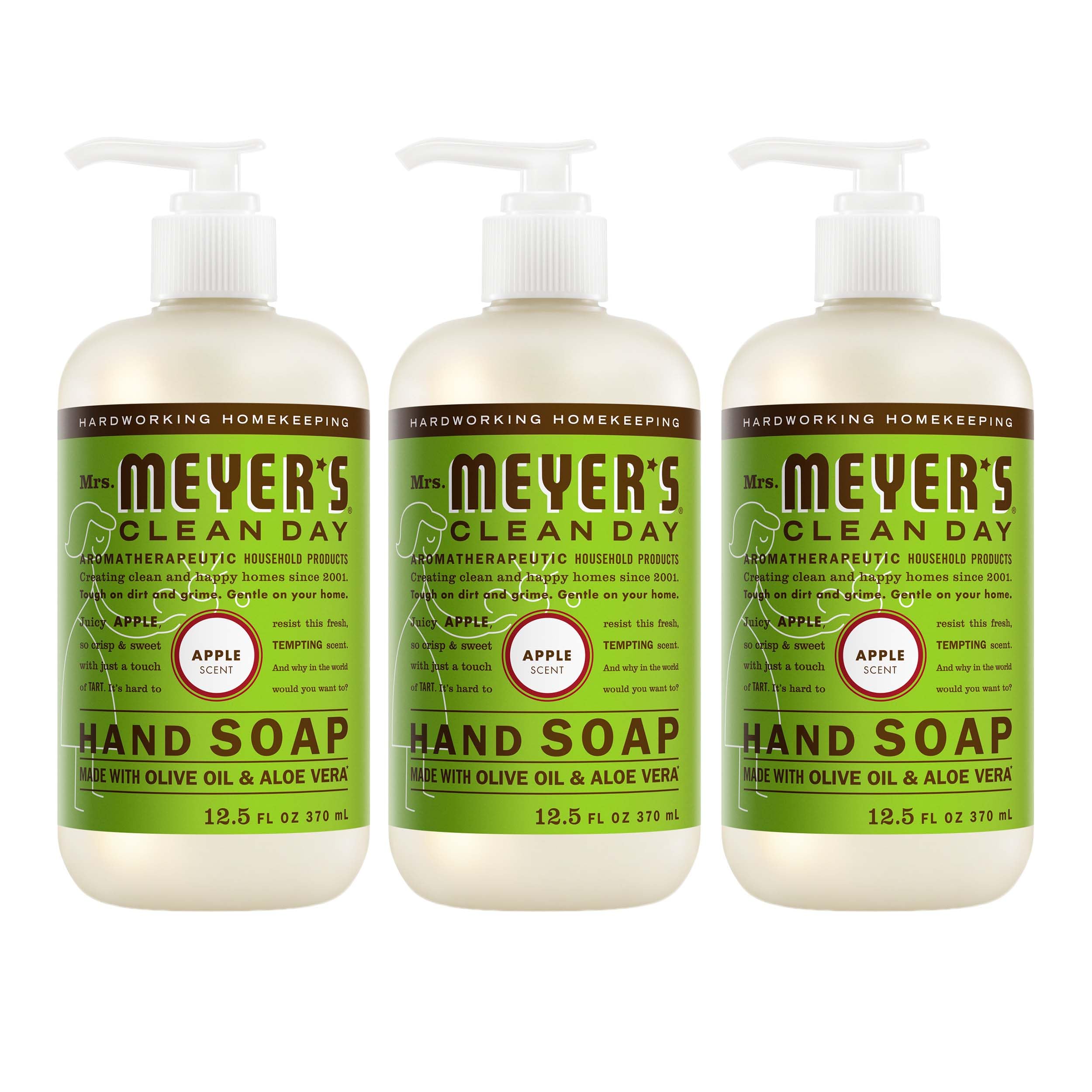 Mrs. Meyer's front packaging showing three Juicy Apple bottles and easy storage benefit
