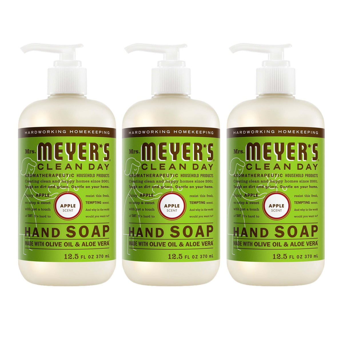 Mrs. Meyer's front packaging showing three Juicy Apple bottles and easy storage benefit
