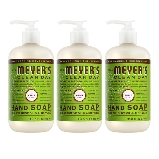 Mrs. Meyer's front packaging showing three Juicy Apple bottles and easy storage benefit