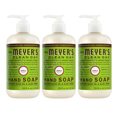 Mrs. Meyer's front packaging showing three Juicy Apple bottles and easy storage benefit