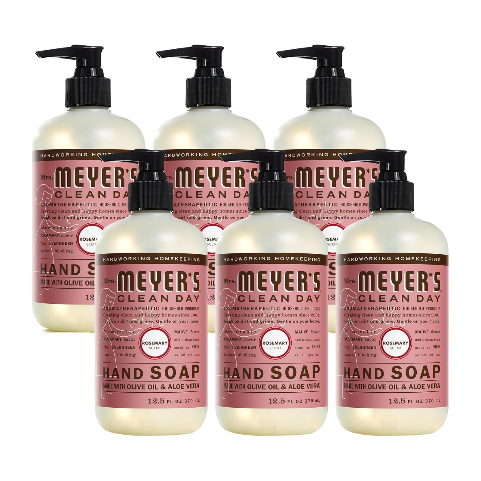 Mrs. Meyer's Rosemary hand soap bottle shows evergreen scent for a refreshing wash.