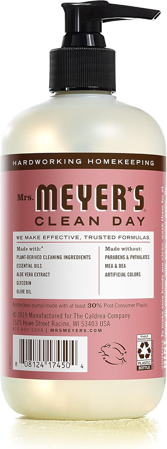 Mrs. Meyer's Rosemary hand soap lather close-up highlights olive oil and aloe for gentle cleansing.