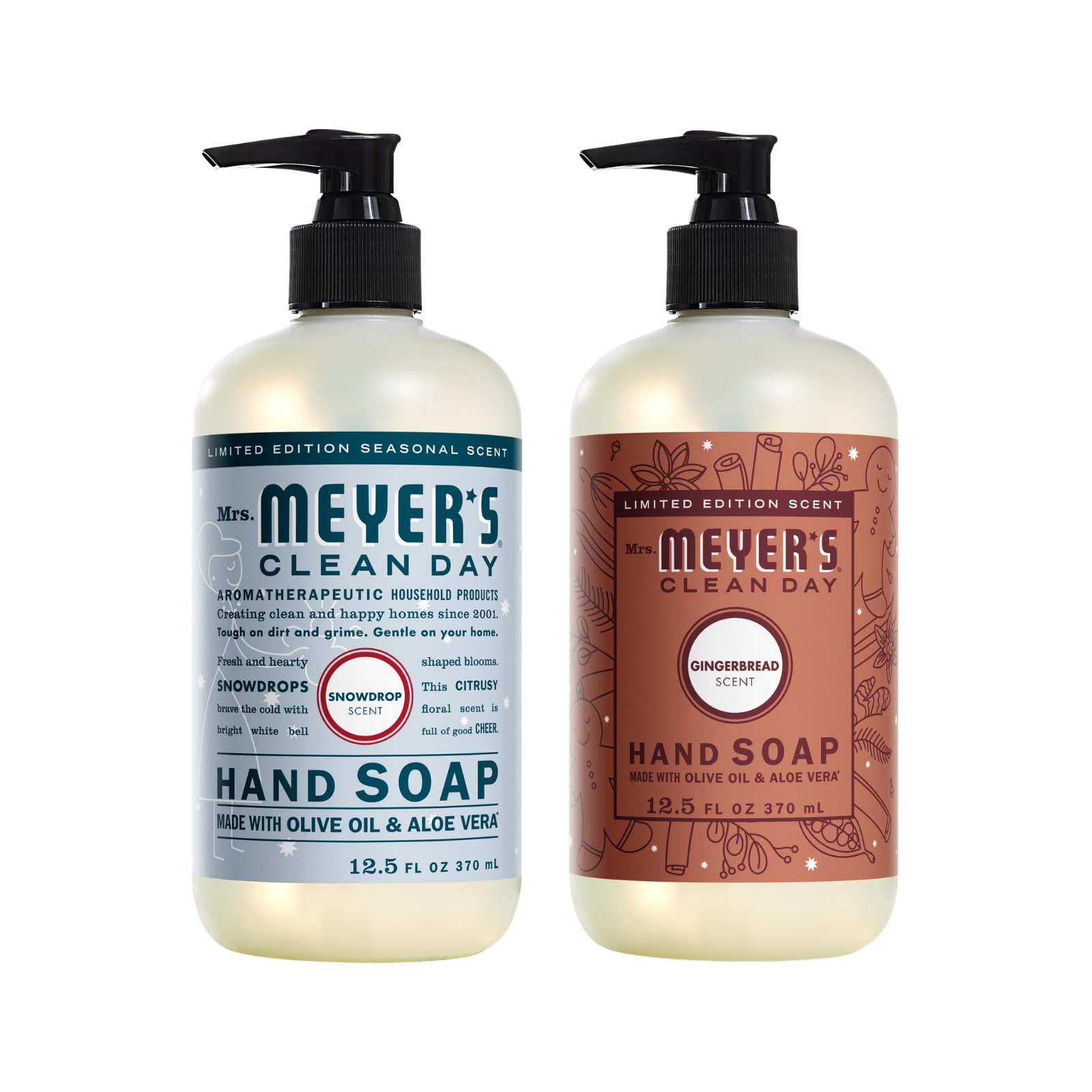Mrs. Meyer's Snow Drop Gingerbread hand soap bottle with festive aroma for holidays