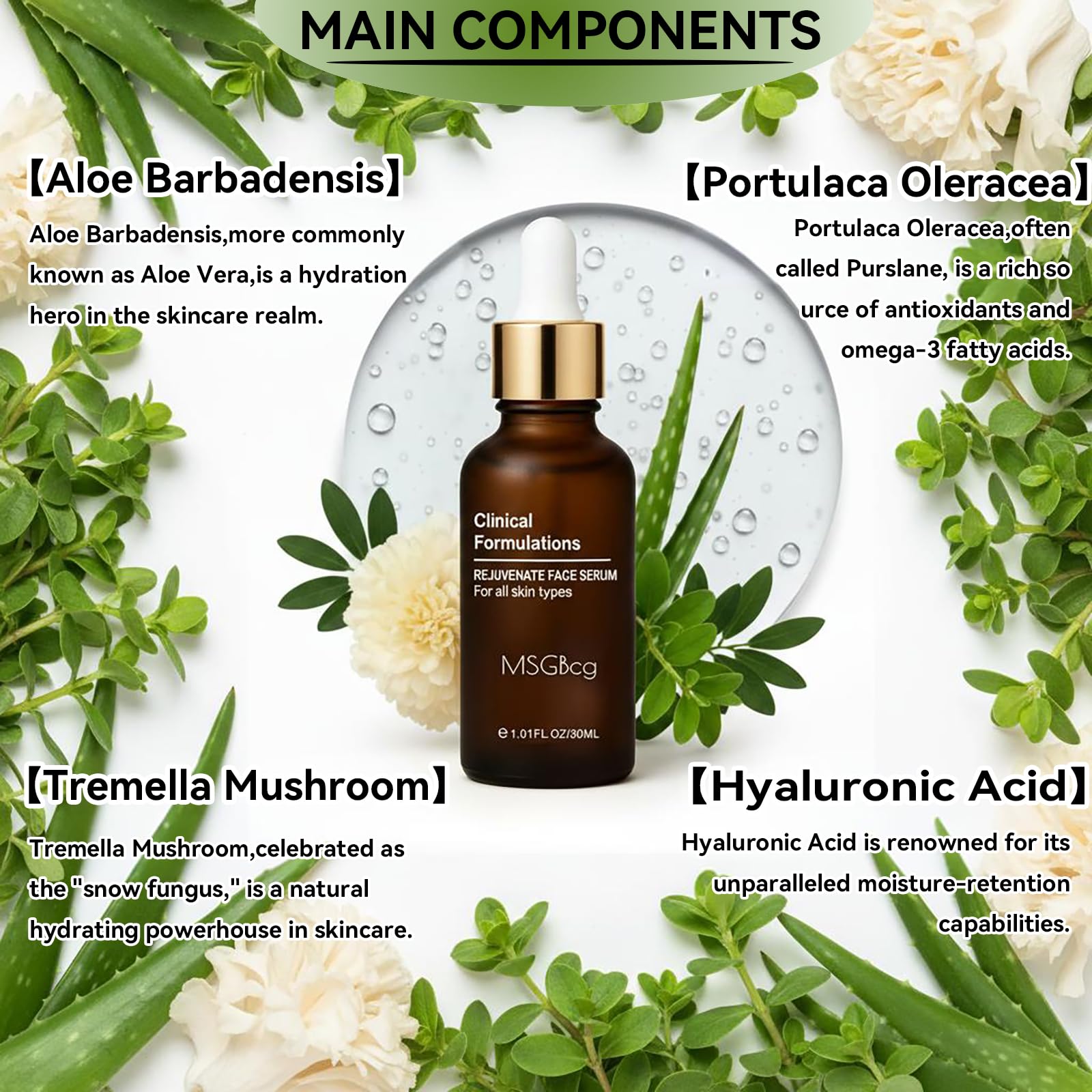 MSGBcg ingredients panel highlighting vitamin C and hyaluronic acid for hydration.