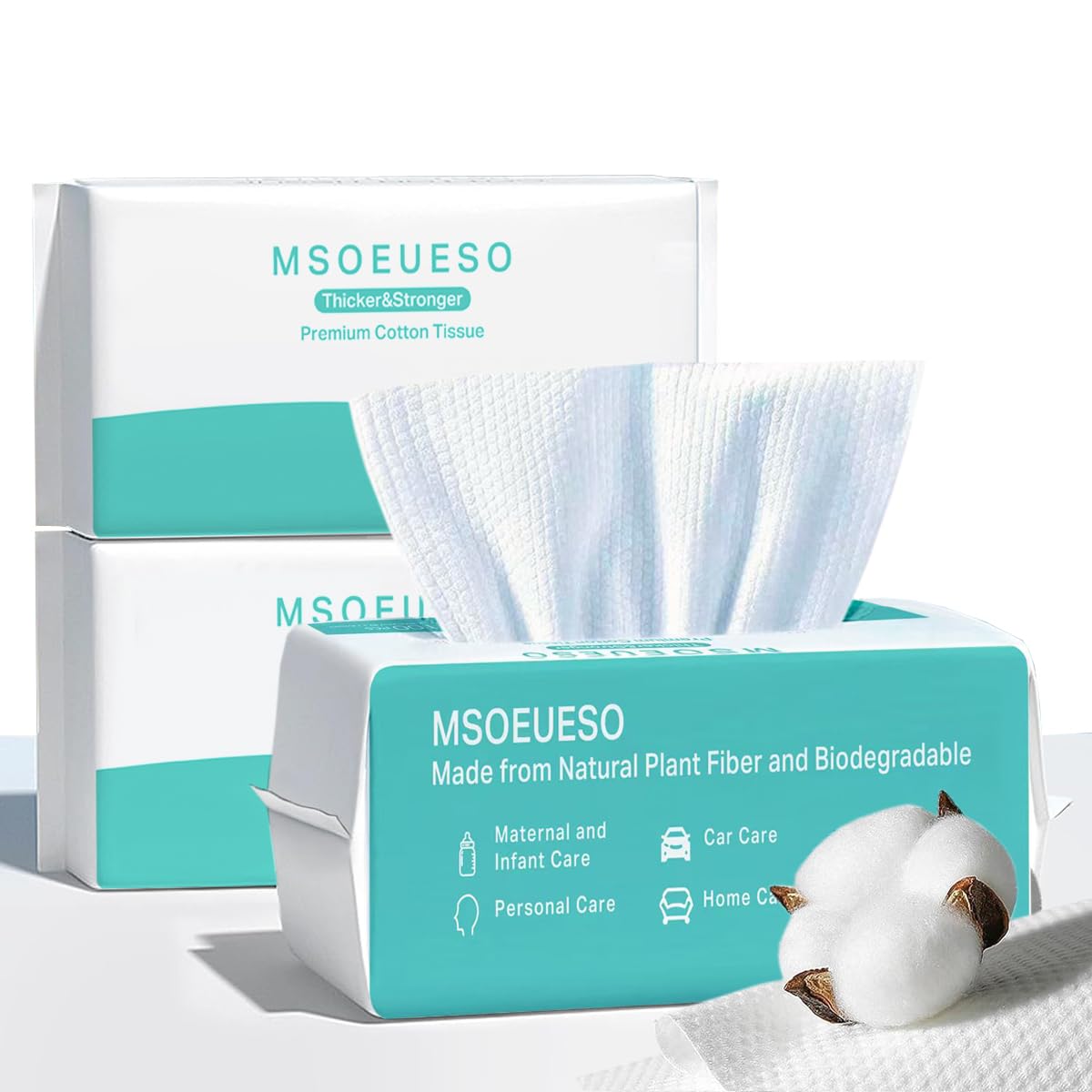 MSOEUESO soft dry wipes in a 300-count cotton face towel pack, ideal for sensitive skin cleansing.