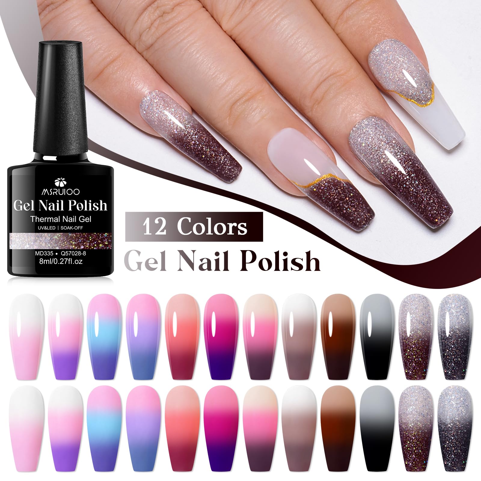MSRUIOO close-up of thermochromic gel polish bottle showcases shimmer and color transition.