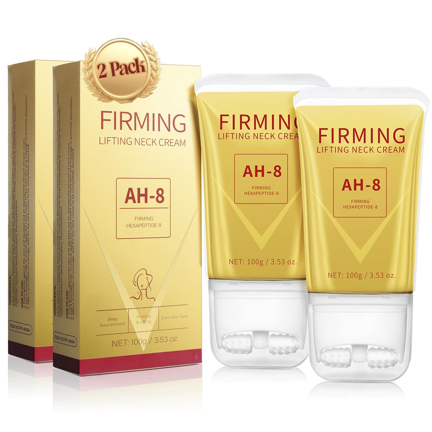 Mtmult AH-8 firming neck cream with roller applicator for precise tightening.