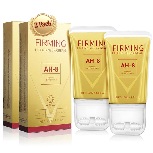 Mtmult AH-8 firming neck cream with roller applicator for precise tightening.