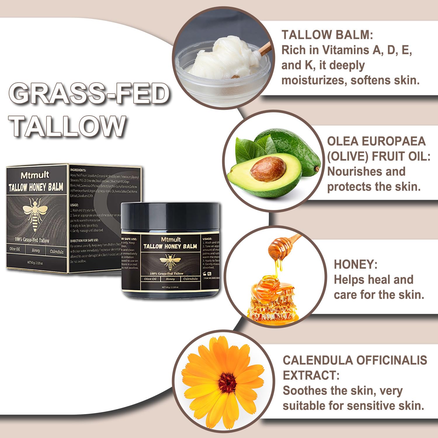 Mtmult grass-fed tallow with raw honey ingredients emphasize purity