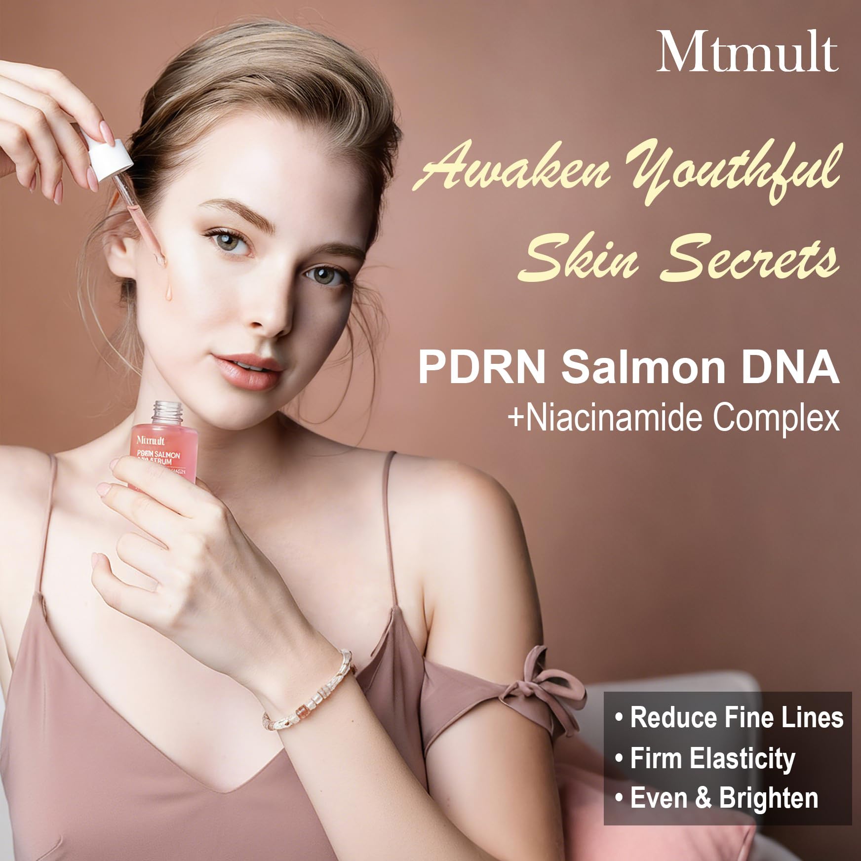 Mtmult Salmon DNA Serum label close-up emphasizes premium formulation for skin repair.