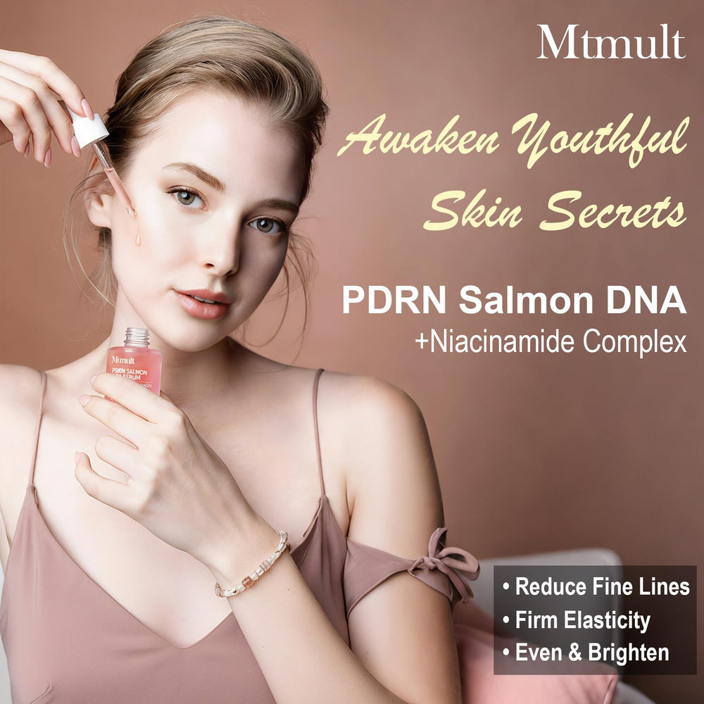 Mtmult Salmon DNA Serum label close-up emphasizes premium formulation for skin repair.