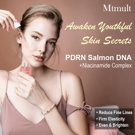 Mtmult Salmon DNA Serum label close-up emphasizes premium formulation for skin repair.