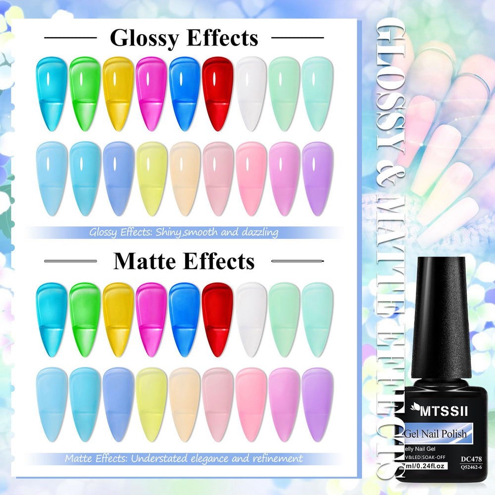 Close-up of MTSSII jelly polish bottles highlights vivid pigments and a high-gloss finish.