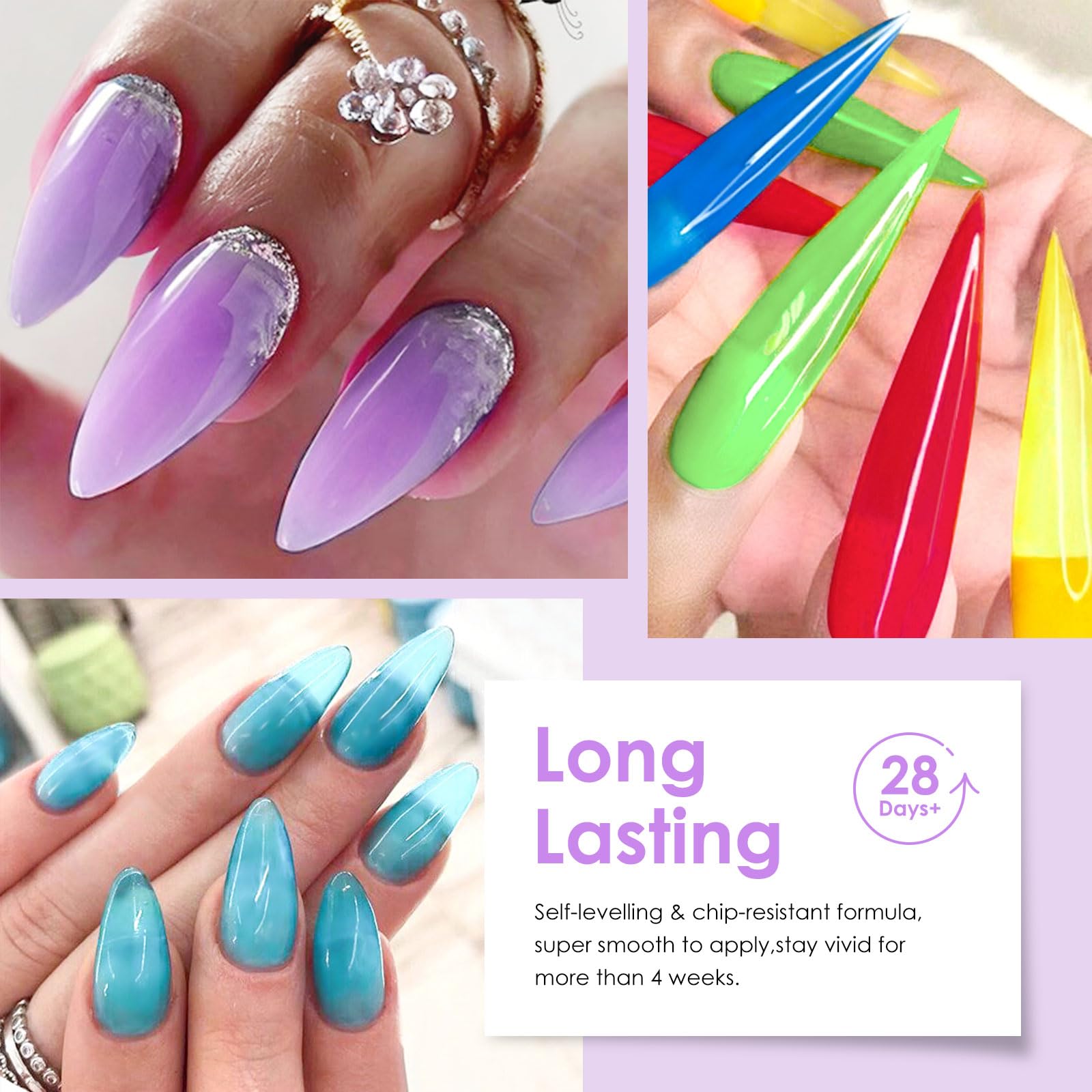 MTSSII jelly gel polish color swatches show translucent nude, pink, purple, and blue tones for mix-and-match looks.