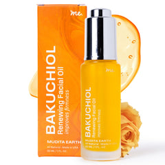 Mudita Earth Bakuchiol Face Oil bottle highlights plant-based glow for oily skin.