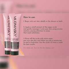Mudmasky Velvety Glow Body Scrub with glycerin and rose nourishes skin for softness.